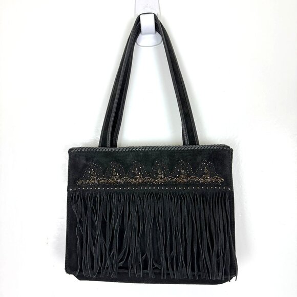 Cripple Creek Fringe Leather Shoulder Bag Black Beaded Studded Double Handles - Picture 4 of 15